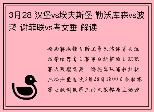 3月28 汉堡vs埃夫斯堡 勒沃库森vs波鸿 谢菲联vs考文垂 解读